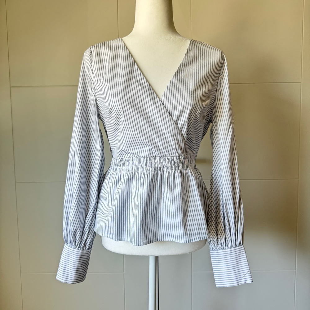 Express White and Navy Striped Wrap Blouse